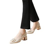 Women'S Block Heels Ladies Chunky Closed Toe Court Shoes Low Heels Dress Sandals Patent Leather Pumps for Family Dinner Date Wedding Party Office,beige,36EU