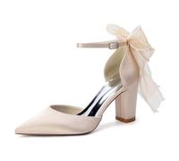 Women's Block High Heel Wedding Pumps Pointed Toe Party Prom Sandals with Organza Bow Ankle Strap Bridal Bridesmaid Shoes,Champagne,3 UK