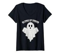 Women's Blocks of Terror Ghost Brick Or Treat Kids Halloween V-Neck T-Shirt