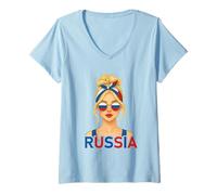 Womens Blond Russian Girl Russia Flag Russian Girlfriend Wife V-Neck T-Shirt