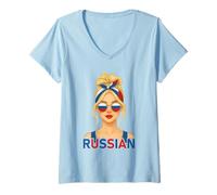 Womens Blond Russian Girl Russia Flag Russian Girlfriend Wife V-Neck T-Shirt