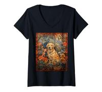 Women's Blonde Retriever Dog Botanical Floral Art V-Neck T-Shirt