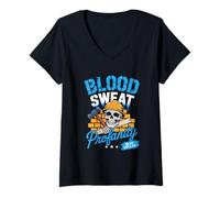 Womens Blood Sweat Profanity Blue Collar Hard Work Labor Worker V-Neck T-Shirt