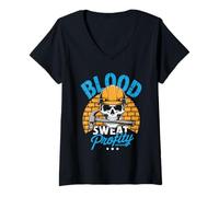 Womens Blood Sweat Profanity Blue Collar Hard Work Labor Worker V-Neck T-Shirt
