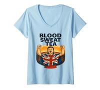 Womens Blood Sweat Tea British Flag Pride V-Neck T-Shirt