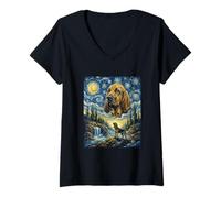 Women's Bloodhound Dog Moon Howling Starry Night Van Gogh Style V-Neck T-Shirt