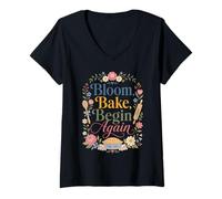 Women's Bloom Bake Begin Again Floral Aesthetic V-Neck T-Shirt