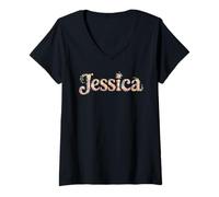 Womens Bloom First Name Jessica Cottagecore Girl Birthday Party V-Neck T-Shirt