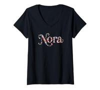 Womens Bloom First Name Nora Personalized Girl Nametag Garden V-Neck T-Shirt