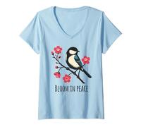 Womens Bloom in Peace Bird and Cherry Blossom Serenity Art V-Neck T-Shirt