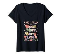 Women's Bloom More Worry Less Floral Aesthetic Art V-Neck T-Shirt