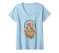 Womens Bloom When Its Right - Vintage 70s Flower Hands Nature Art V-Neck T-Shirt