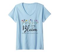 Womens Bloom Where You are Planted God Quote Bible Verse Christian V-Neck T-Shirt
