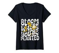 Women's Bloom Where You are Planted Nature Quote Floral Motivational V-Neck T-Shirt
