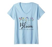 Womens Bloom Where You are Planted Wildflower Christian Bible Verse V-Neck T-Shirt