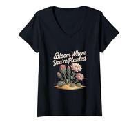 Womens Bloom Where You’re Planted Succulent Flowers V-Neck T-Shirt