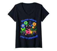 Women's Bloom Where You're Planted Cute Frog Flower Design V-Neck T-Shirt