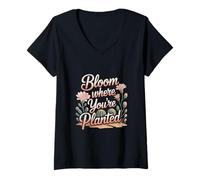 Womens Bloom Where Youre Planted Quote with Desert Flowers V-Neck T-Shirt