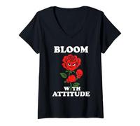Womens Bloom with Attitude Fierce Rose Boxing Funny Floral Humor V-Neck T-Shirt