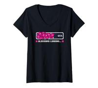 Women's Blossoms Loading Cherry Spring Pixel Bar V-Neck T-Shirt