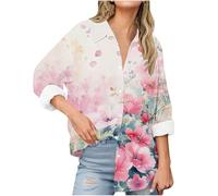 Womens Blouse Button Up Collar Shirts V Neck Long Sleeve Tunic Tops Casual Loose Spring Summer Shirts Flower Print Trendy T-Shirts Ladies Summer Tops Holiday Clothing Sale Clearance UK Size 8-18