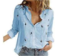 Womens Blouse Casual Cotton Linen Long Sleeve V Neck Bird Print Shirts Tops Button Down Basic Loose Tunic T Shirts Women Cotton Blouse Solid/pattern Butterfly Star Map Rose Bird Floral Women Tops