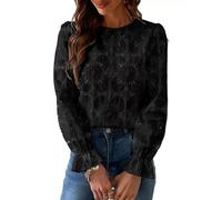 Womens Blouse Hollow Out Flower Top Round Neck Elastic Ruffle Cuffs Long Sleeve Elegance Shirt Going Out Tops Black