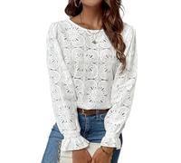 Womens Blouse Hollow Out Flower Top Round Neck Elastic Ruffle Cuffs Long Sleeve Elegance Shirt Going Out Tops White