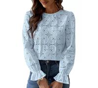 Womens Blouse Hollow Out Flower Top Round Neck Elastic Ruffle Cuffs Long Sleeve Elegance Shirt Going Out Tops Light Blue