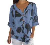 Womens Blouse Linen Tops V Neck Half Sleeve Tunic Tops Casual Loose Linen Shirts Solid Summer Tee Shirts Trendy T-Shirts Flower Print Ladies Summer Tops Holiday Clothing Sale Clearance UK Size 8-18