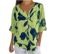 Womens Blouse Linen Tops V Neck Half Sleeve Tunic Tops Casual Loose Linen Shirts Solid Summer Tee Shirts Trendy T-Shirts Flower Print Ladies Summer Tops Holiday Clothing Sale Clearance UK Size Green