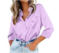 Women's Blouse Plus Size Fall Satin Silk Button Down Shirts Dressy Casual Loose Comfy Long Sleeve Office Work Tops Purple