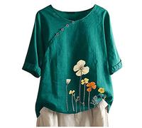 Women's Blouse Shirt with Flowers Elegant Boho Blouse 1/2 Long Sleeve Casual Linen Shirt Unusual Tops Embroidery Top Linen Blouse Spring Long Sleeve Shirt Summer Tunic Shirt Pullover T-Shirts Shirt,