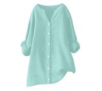 Womens Blouse UK Summer Linen Tops Long Sleeve Shirts Summer Cotton Linen Button Down Blouses Ladies Casual V Neck Roll Up Tunic Shirts Comfy Solid Loose Fit Tops Casual T-Shirts