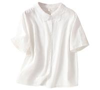 Women's Blouse with Collar, Breathable Cotton Linen Shirt with Vintage Floral Embroidery, Long Sleeve and Buttoned Deep Neck