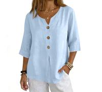 Womens Blouses 3/4 Length Sleeve Tops Cotton Linen V Neck T Shirts Summer Beach Casual Boho Three Quarter Sleeve Tee Blouses S-XXL