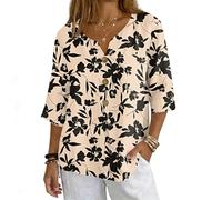 Womens Blouses 3/4 Length Sleeve Tops Cotton Linen V Neck T Shirts Summer Beach Casual Boho Three Quarter Sleeve Tee Blouses S-XXL