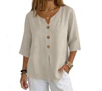 Womens Blouses 3/4 Length Sleeve Tops Cotton Linen V Neck T Shirts Summer Beach Casual Boho Three Quarter Sleeve Tee Blouses S-XXL
