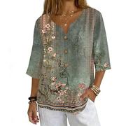Womens Blouses 3/4 Length Sleeve Tops Cotton Linen V Neck T Shirts Summer Beach Casual Boho Three Quarter Sleeve Tee Blouses S-XXL