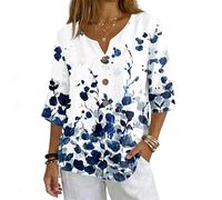Womens Blouses 3/4 Length Sleeve Tops Cotton Linen V Neck T Shirts Summer Beach Casual Boho Three Quarter Sleeve Tee Blouses S-XXL
