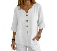 Womens Blouses 3/4 Length Sleeve Tops Cotton Linen V Neck T Shirts Summer Beach Casual Boho Three Quarter Sleeve Tee Blouses S-XXL