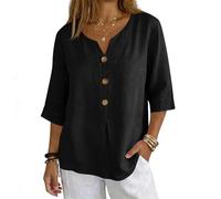 Womens Blouses 3/4 Length Sleeve Tops Cotton Linen V Neck T Shirts Summer Beach Casual Boho Three Quarter Sleeve Tee Blouses S-XXL