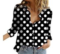 Womens Blouses Button Down V Neck Collared Classic Polka Dot T Shirts Casual Long Sleeve Ladies Tops(Black, XXXXL)