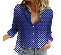 Womens Blouses Button Down V Neck Collared Classic Polka Dot T Shirts Casual Long Sleeve Ladies Tops (Z01-Blue, L)