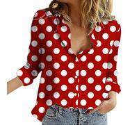 Womens Blouses Button Down V Neck Collared Classic Polka Dot T Shirts Casual Long Sleeve Ladies Tops(Red, M)