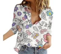 Womens Blouses Button Down V Neck Collared Classic Polka Dot T Shirts Casual Long Sleeve Ladies Tops (Floral-14, XXXXL)