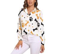 Womens Blouses Cartoon Style Long Sleeve Shirts for Women UK Button Down Shirt Ladies V-Neck Loose Tops Elastic Cuffs for Soft Comfort Dog Bones, Paw Prints for Office Work - White