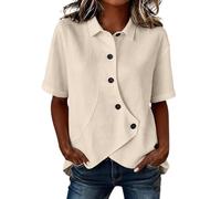 Womens Blouses Collared Short Sleeve Button Down Irregular Hem Shirt Ladies Casual Tops(Beige, XXL)