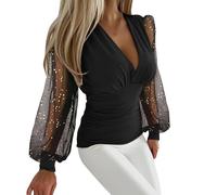 Womens Blouses Elegant Sexy Ladies Tops Patchwork Shirts Elastic Mesh Puff Long Sleeve V Neck T Shirts Slim Fit Womens Dressy Tops Black Tunic Beauty Uniform Shiny Sequin Shirts For Party Clubwear