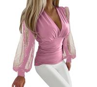 Womens Blouses Elegant Sexy Ladies Tops Patchwork Shirts Elastic Mesh Puff Long Sleeve V Neck T Shirts Slim Fit Womens Dressy Tops Black Tunic Beauty Uniform Shiny Sequin Shirts For Party Clubwear
